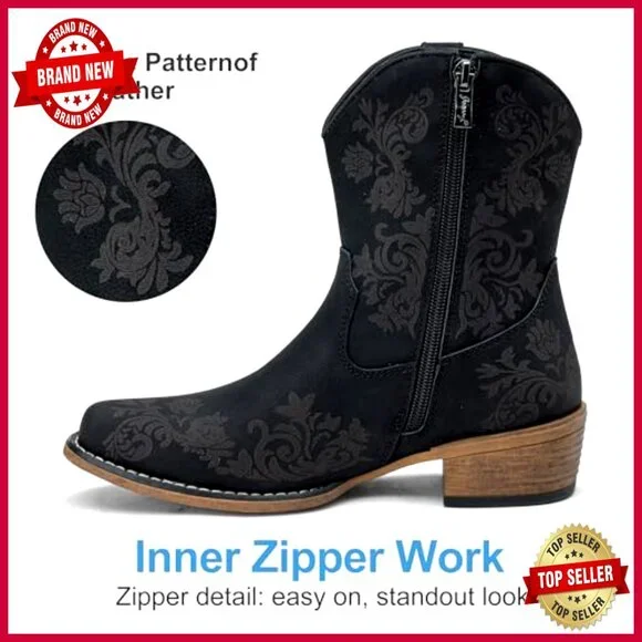 Western Cowgirl Ankle Boots Square Toe Zipper Casual Classic Block Heel - Picture 4 of 7